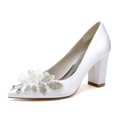 Damen Seidensatin mit Blumen-Strass Geschlossene Zehenpartie Blockabsatz Abendschuhe