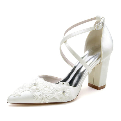 Damen Seidensatin mit Knöchelriemen Blume Geschlossene Zehenpartie Blockabsatz Abendschuhe