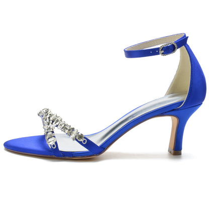 Damen Seidensatin Mit Knöchelriemen Peep Toe Spool Heel Strass Party Schuhe