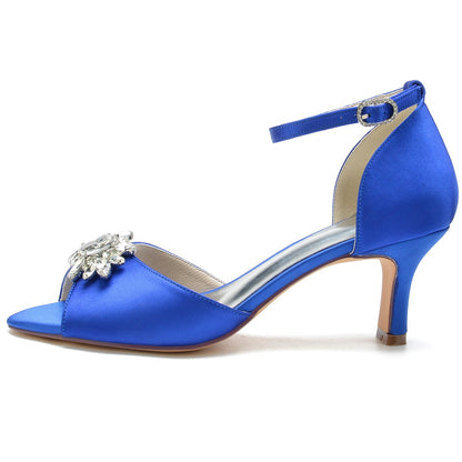 Damen Seidensatin mit Knöchelriemen Peep Toe Strass Spool Heel Abendschuhe