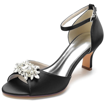 Damen Seidensatin mit Knöchelriemen Peep Toe Strass Spool Heel Abendschuhe