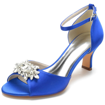 Damen Seidensatin mit Knöchelriemen Peep Toe Strass Spool Heel Abendschuhe