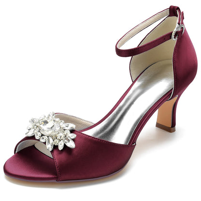 Damen Seidensatin mit Knöchelriemen Peep Toe Strass Spool Heel Abendschuhe