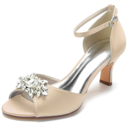 Damen Seidensatin mit Knöchelriemen Peep Toe Strass Spool Heel Abendschuhe