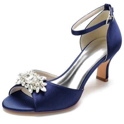 Damen Seidensatin mit Knöchelriemen Peep Toe Strass Spool Heel Abendschuhe