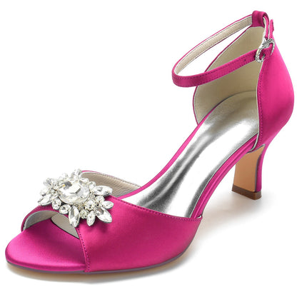 Damen Seidensatin mit Knöchelriemen Peep Toe Strass Spool Heel Abendschuhe