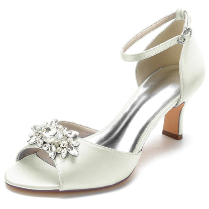 Damen Seidensatin mit Knöchelriemen Peep Toe Strass Spool Heel Abendschuhe
