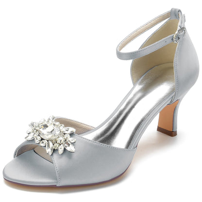 Damen Seidensatin mit Knöchelriemen Peep Toe Strass Spool Heel Abendschuhe