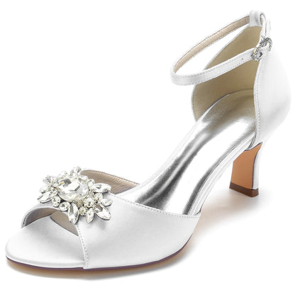 Damen Seidensatin mit Knöchelriemen Peep Toe Strass Spool Heel Abendschuhe