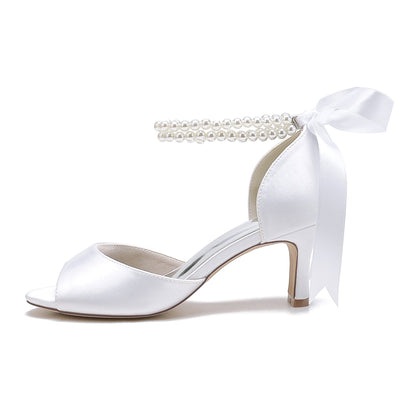 Damen Seidensatin Mit Knöchelriemen Schnürung Perle Peep Toe Spool Heel Party Schuhe