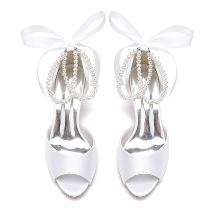 Damen Seidensatin Mit Knöchelriemen Schnürung Perle Peep Toe Spool Heel Party Schuhe