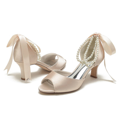 Damen Seidensatin Mit Knöchelriemen Schnürung Perle Peep Toe Spool Heel Party Schuhe
