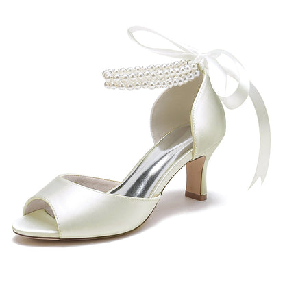 Damen Seidensatin Mit Knöchelriemen Schnürung Perle Peep Toe Spool Heel Party Schuhe