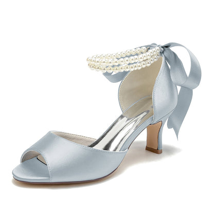 Damen Seidensatin Mit Knöchelriemen Schnürung Perle Peep Toe Spool Heel Party Schuhe