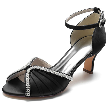 Damen Knöchelriemen Seidensatin mit Strass Peep Toe Spool Heel Brautschuhe