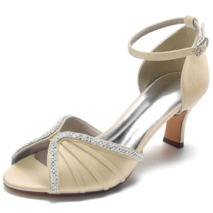 Damen Knöchelriemen Seidensatin mit Strass Peep Toe Spool Heel Brautschuhe