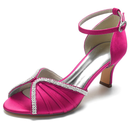 Damen Knöchelriemen Seidensatin mit Strass Peep Toe Spool Heel Brautschuhe