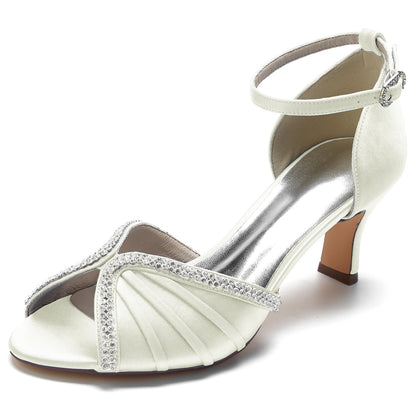 Damen Knöchelriemen Seidensatin mit Strass Peep Toe Spool Heel Brautschuhe