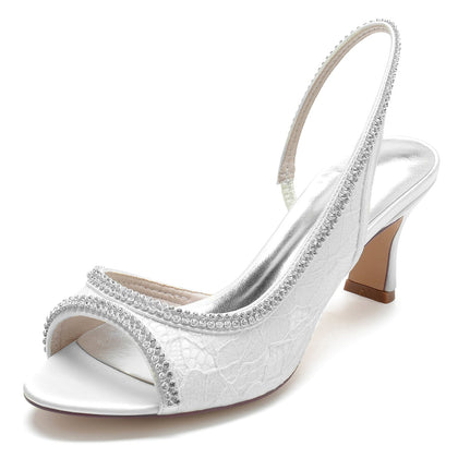 Damen Seidensatin mit Spitze Strass Peep Toe Spool Heel Abendschuhe