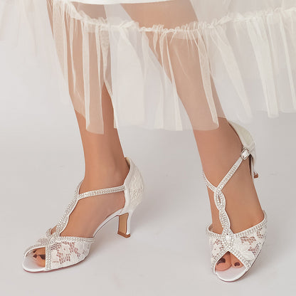 Damen Spitze Seidensatin Mit Knöchelriemen Spitze Strass Peep Toe Spool Heel Abendschuhe