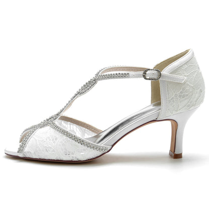 Damen Spitze Seidensatin Mit Knöchelriemen Spitze Strass Peep Toe Spool Heel Abendschuhe