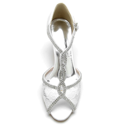 Damen Spitze Seidensatin Mit Knöchelriemen Spitze Strass Peep Toe Spool Heel Abendschuhe