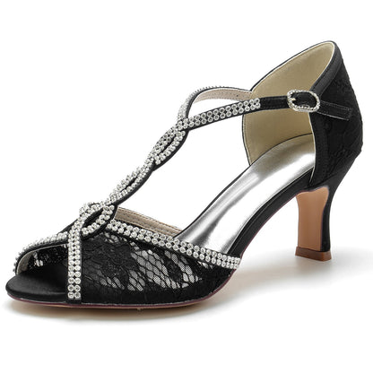 Damen Spitze Seidensatin Mit Knöchelriemen Spitze Strass Peep Toe Spool Heel Abendschuhe