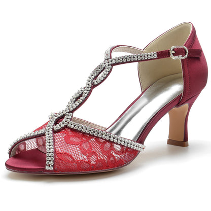 Damen Spitze Seidensatin Mit Knöchelriemen Spitze Strass Peep Toe Spool Heel Abendschuhe