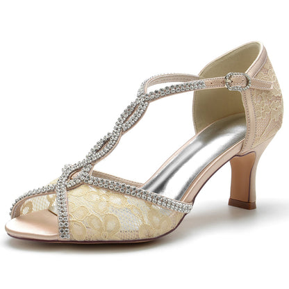 Damen Spitze Seidensatin Mit Knöchelriemen Spitze Strass Peep Toe Spool Heel Abendschuhe
