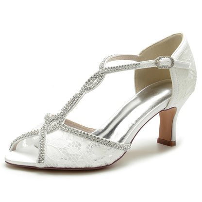 Damen Spitze Seidensatin Mit Knöchelriemen Spitze Strass Peep Toe Spool Heel Abendschuhe