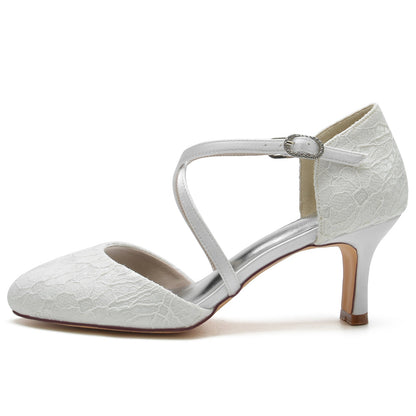 Damen Spitze Mit Knöchelriemen Spitze Geschlossene Zehenpartie Spool Heel Brautschuhe