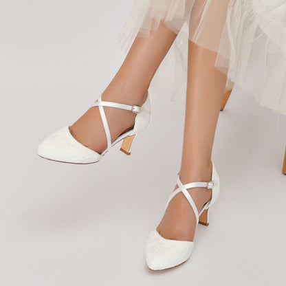 Damen Spitze Mit Knöchelriemen Spitze Geschlossene Zehenpartie Spool Heel Brautschuhe