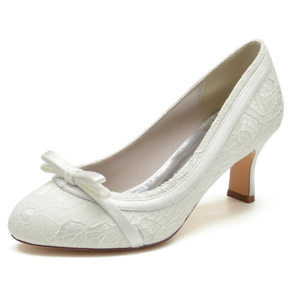 Damen Spitze Seidensatin Mit Bowknot Spitze Geschlossene Zehenpartie Spool Heel Brautschuhe