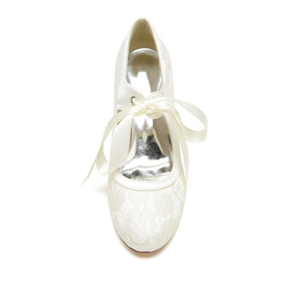 Damen Spitze Seidensatin Mit Spitze Schnürung Geschlossene Zehenpartie Spool Heel Party Schuhe
