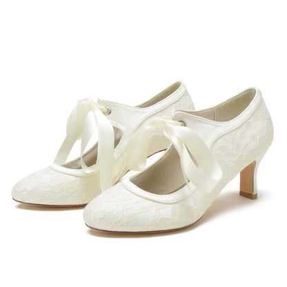 Damen Spitze Seidensatin Mit Spitze Schnürung Geschlossene Zehenpartie Spool Heel Party Schuhe