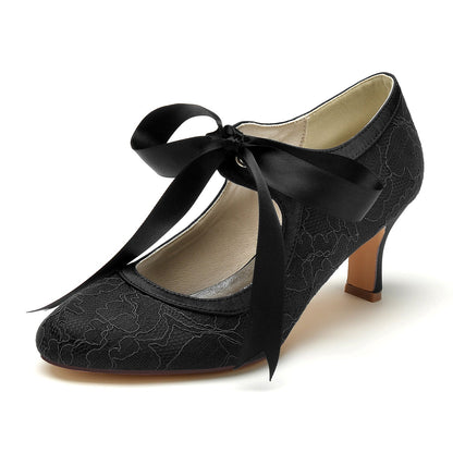 Damen Spitze Seidensatin Mit Spitze Schnürung Geschlossene Zehenpartie Spool Heel Party Schuhe