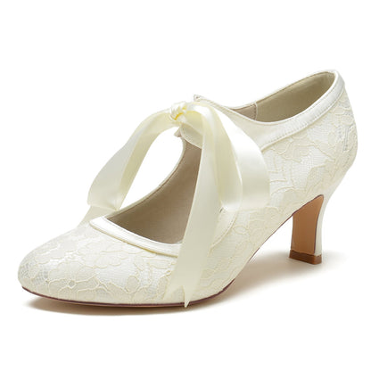 Damen Spitze Seidensatin Mit Spitze Schnürung Geschlossene Zehenpartie Spool Heel Party Schuhe