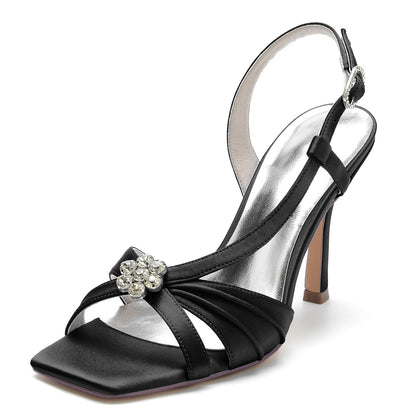 Damen Seidensatin mit Blumen Strass Peep Toe Stiletto Absatz Abendschuhe