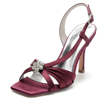 Damen Seidensatin mit Blumen Strass Peep Toe Stiletto Absatz Abendschuhe