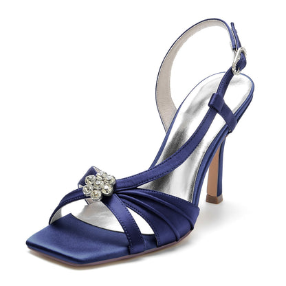 Damen Seidensatin mit Blumen Strass Peep Toe Stiletto Absatz Abendschuhe