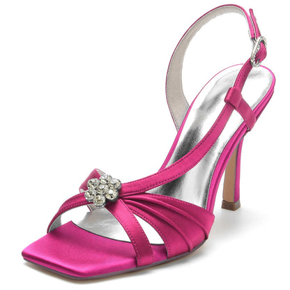 Damen Seidensatin mit Blumen Strass Peep Toe Stiletto Absatz Abendschuhe