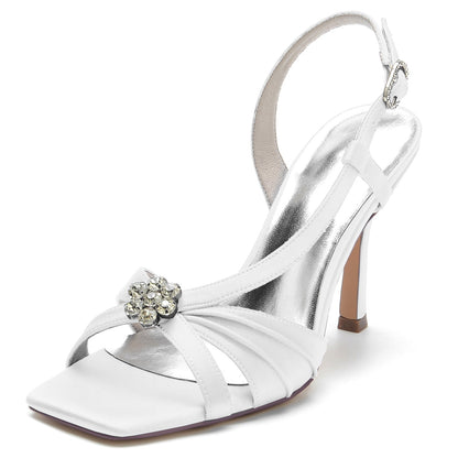 Damen Seidensatin mit Blumen Strass Peep Toe Stiletto Absatz Abendschuhe