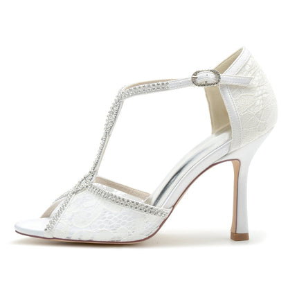Damen Abendschuhe aus synthetischem Netzstoff mit Knöchelriemen, Spitze, Strass, Peep-Toe, Stiletto-Absatz