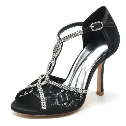 Damen Abendschuhe aus synthetischem Netzstoff mit Knöchelriemen, Spitze, Strass, Peep-Toe, Stiletto-Absatz