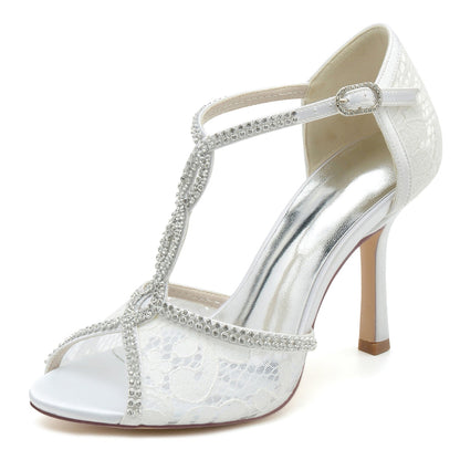 Damen Abendschuhe aus synthetischem Netzstoff mit Knöchelriemen, Spitze, Strass, Peep-Toe, Stiletto-Absatz
