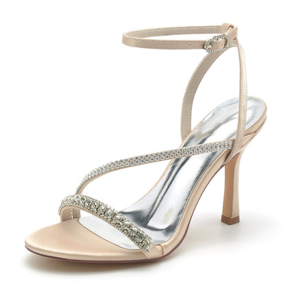Damen Seidensatin Knöchelriemen mit Strass Peep Toe Stiletto Absatz Abendschuhe