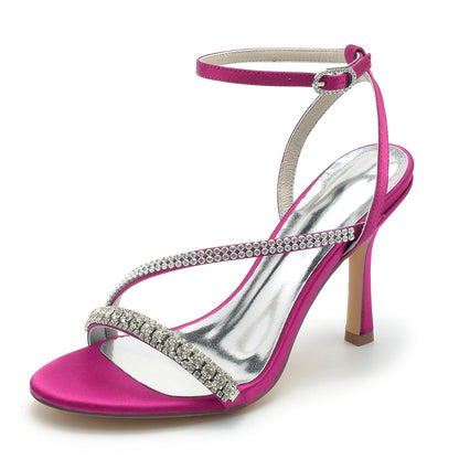 Damen Seidensatin Knöchelriemen mit Strass Peep Toe Stiletto Absatz Abendschuhe