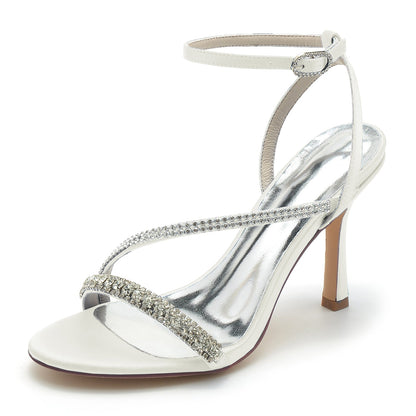 Damen Seidensatin Knöchelriemen mit Strass Peep Toe Stiletto Absatz Abendschuhe
