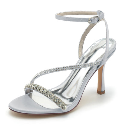Damen Seidensatin Knöchelriemen mit Strass Peep Toe Stiletto Absatz Abendschuhe