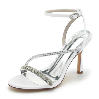 Damen Seidensatin Knöchelriemen mit Strass Peep Toe Stiletto Absatz Abendschuhe
